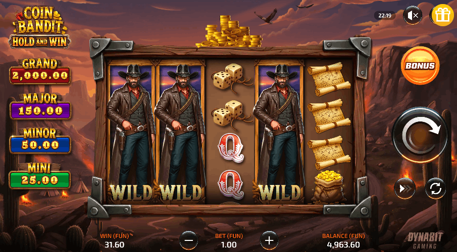 Coin Bandit gameplay — 5×4 Wild West bandit slot by Dynabit Gaming