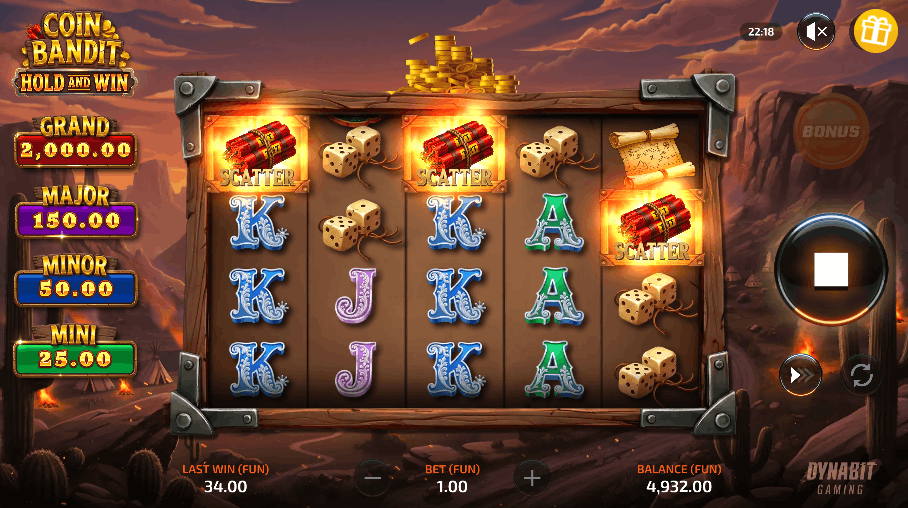 Coin Bandit Hold and Win feature — Dynabit Gaming slot bonus round